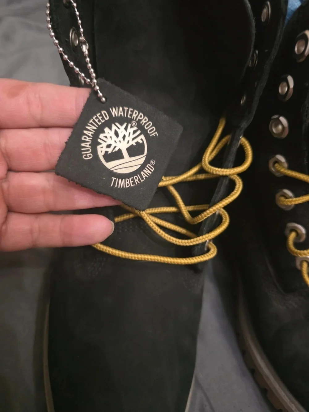 Timberland Black Nubuck Boots with Blue Collar and Yellow Laces